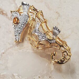 Vintage Butler (FAC) Seahorse Brooch Pin Gold-tone and Rhinestone